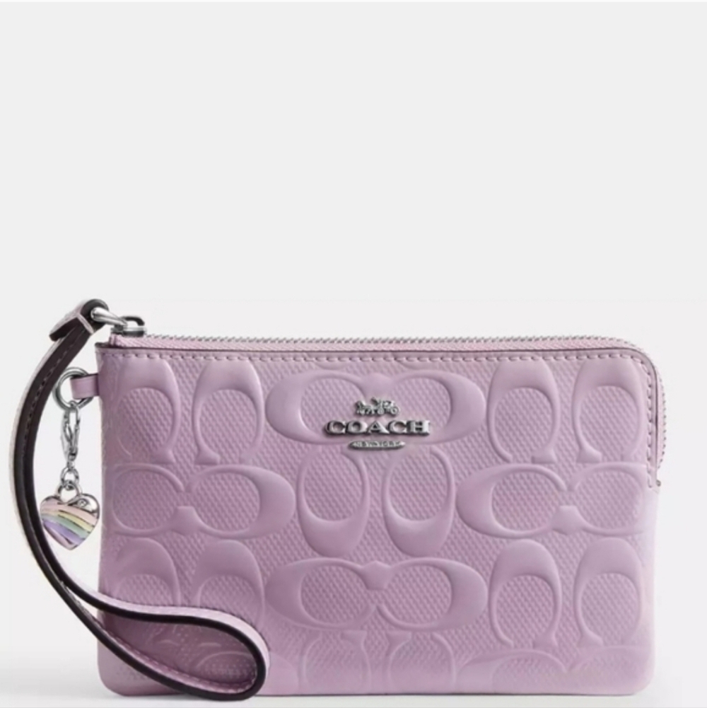 Corner Zip Wristlet In Signature Leather With Heart Charm - Picture 1 of 4